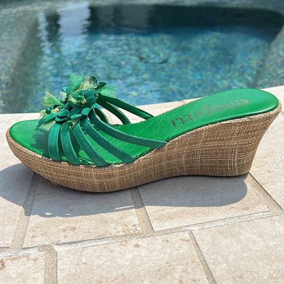 Green Slides Wedges Flower Ribbon Details Size 8 Platform Open Toe Elio Pitti - Picture 5 of 16